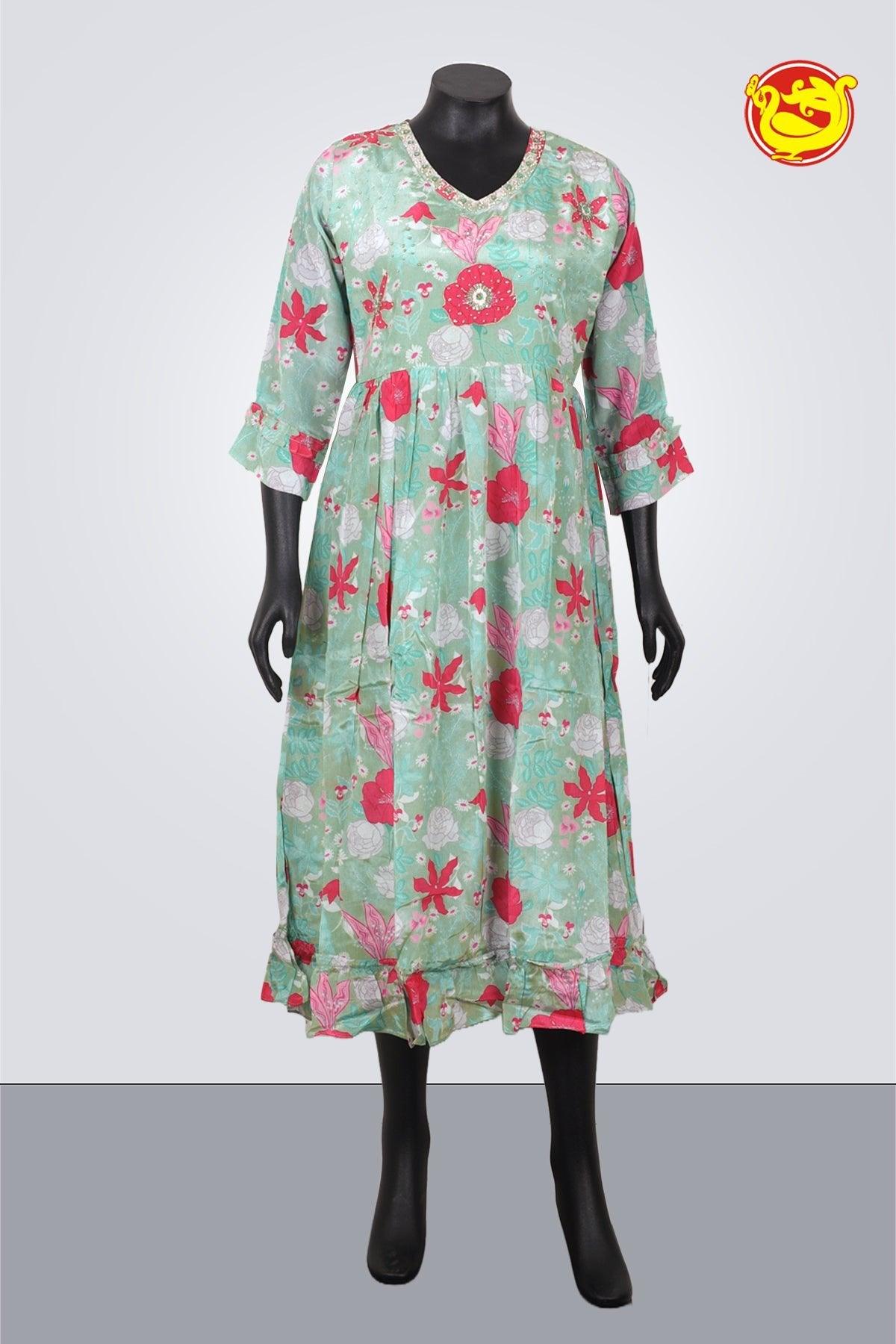 Pista Green With Pink Ladies Branded Readymade Maxi Tops