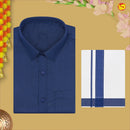 Navy Blue With White Dhoti Readymade Small Checked Shirt And Matching Border Dhoti Set for Men