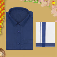 Navy Blue With White Dhoti Readymade Small Checked Shirt And Matching Border Dhoti Set for Men