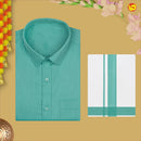 Sea Green With White Dhoti Readymade Small Checked Shirt And Matching Border Dhoti Set for Men