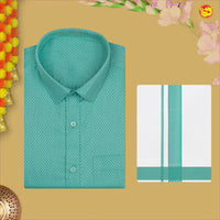 Sea Green With White Dhoti Readymade Small Checked Shirt And Matching Border Dhoti Set for Men