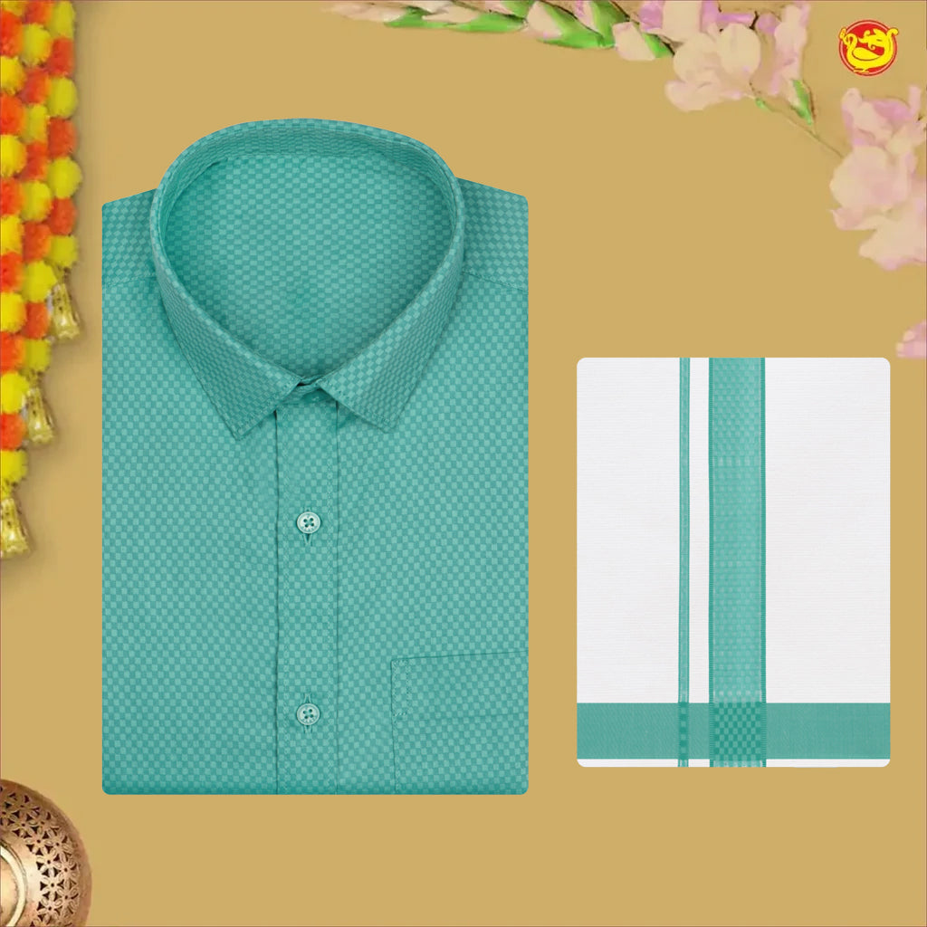 Sea Green With White Dhoti Readymade Small Checked Shirt And Matching Border Dhoti Set for Men