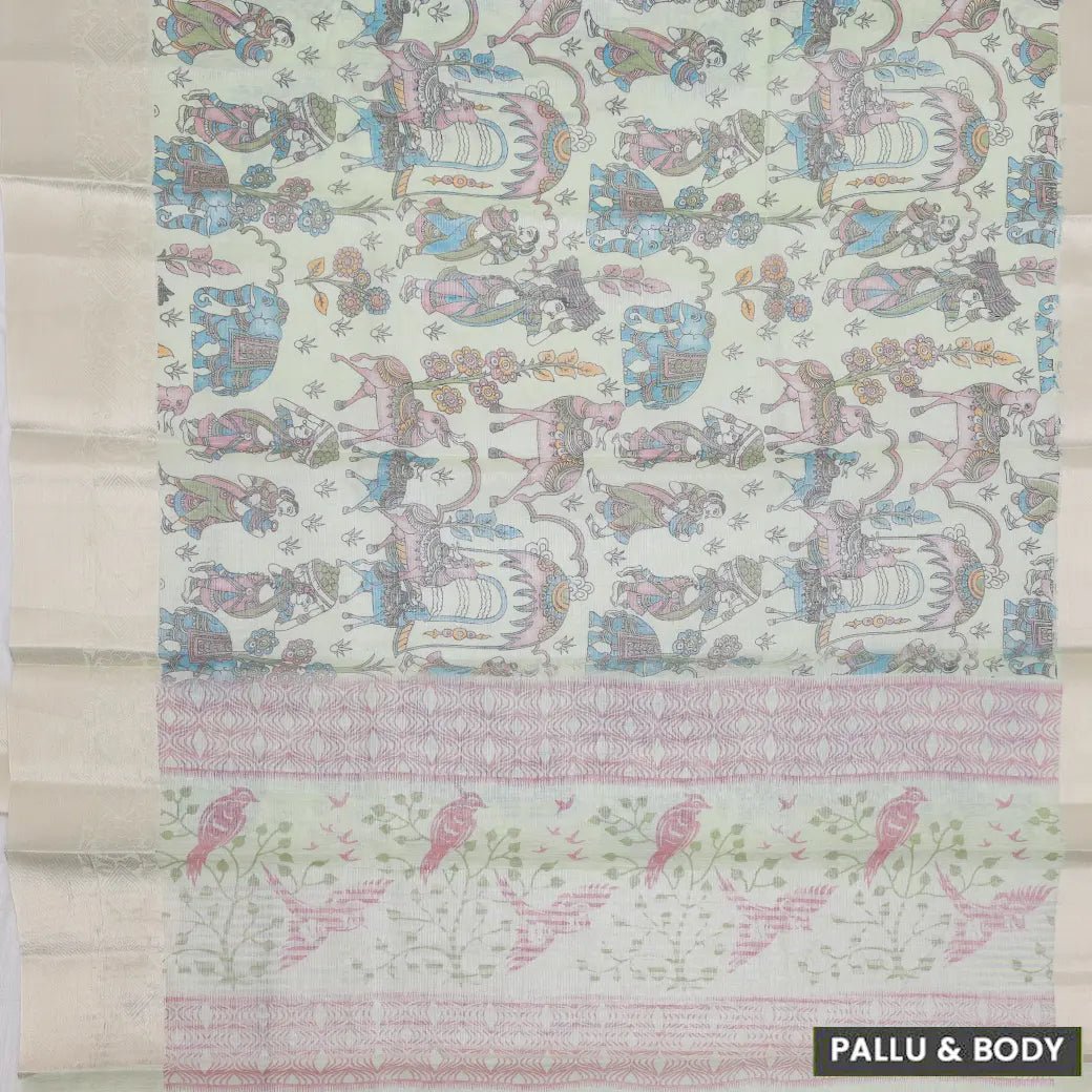 Pastel green linen tissue saree with digital prints