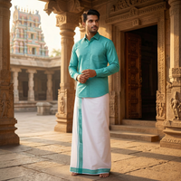 Sea Green With White Dhoti Readymade Small Checked Shirt And Matching Border Dhoti Set for Men