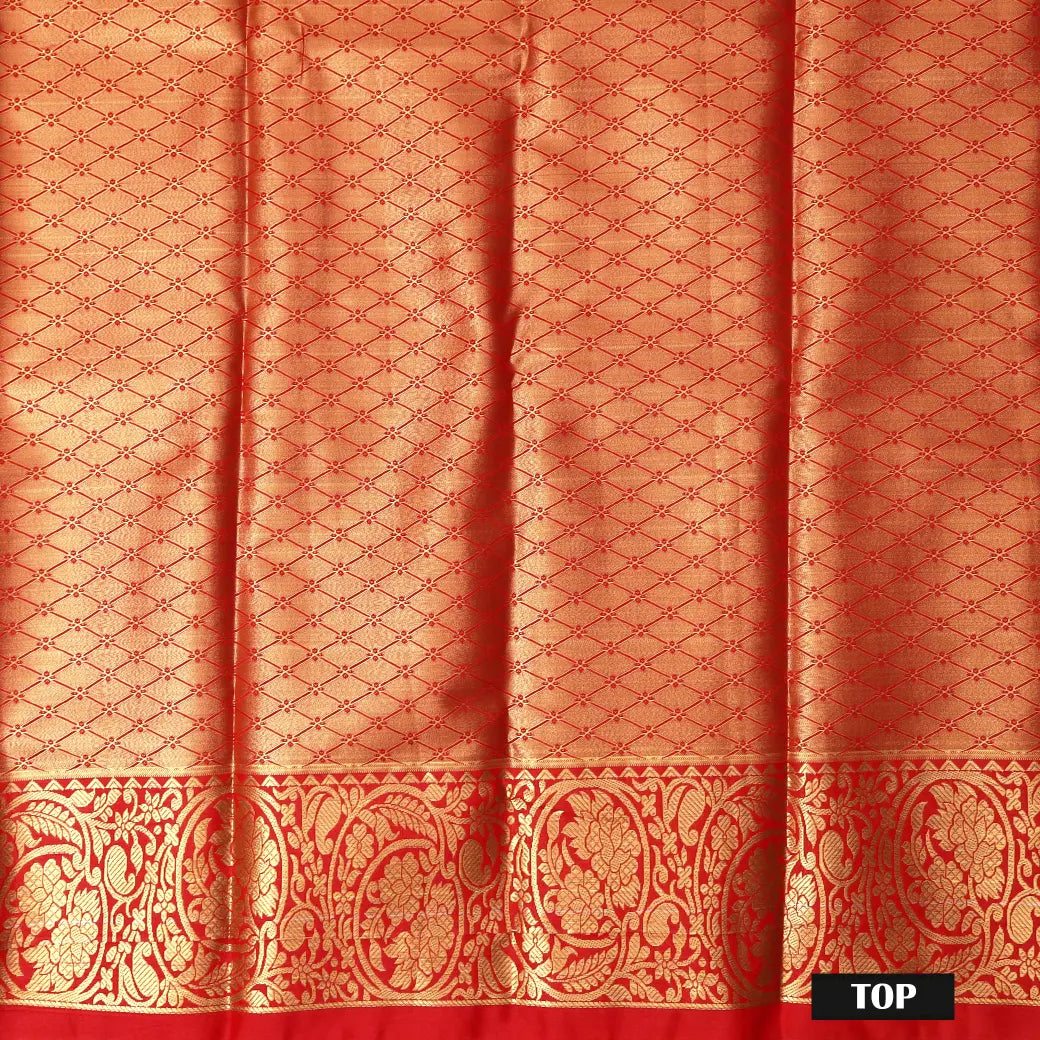 Peach Gold  With Red  Border Yellow Floral Design Traditional  Pattu Pavadai Material