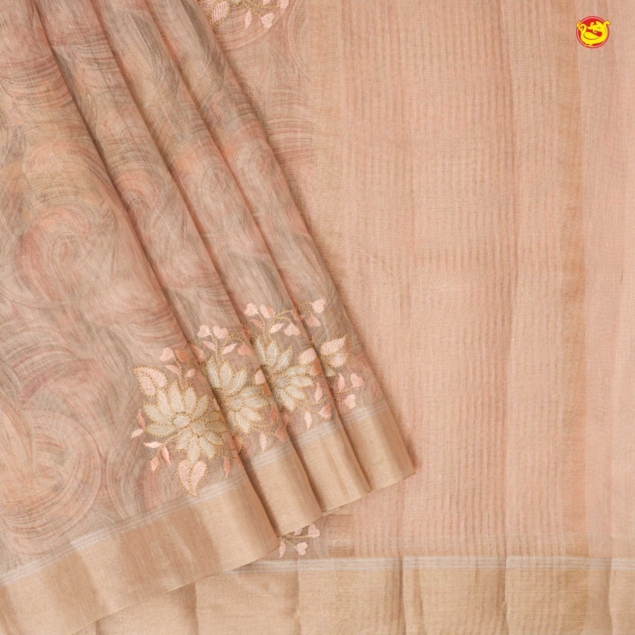 Pastel Pure Chanderi Silk Saree with Floral Embroidery Gold Zari Border