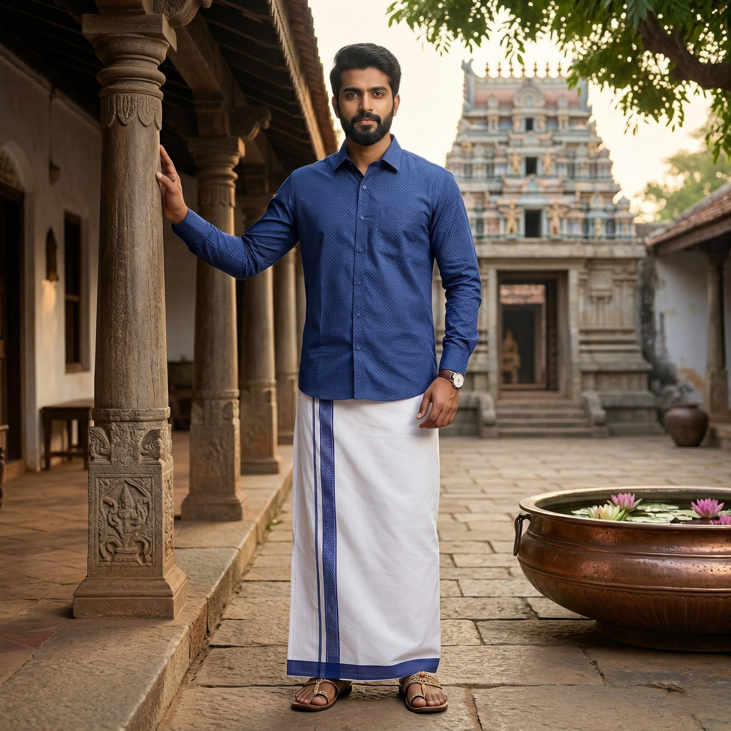 Navy Blue With White Dhoti Readymade Small Checked Shirt And Matching Border Dhoti Set for Men