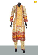 Half White and Mustard Yellow Floral Digital Print With Handwork Design and Collar Neck Ladies Branded Readymade Straight Cut Chudi Set - Thenianantham