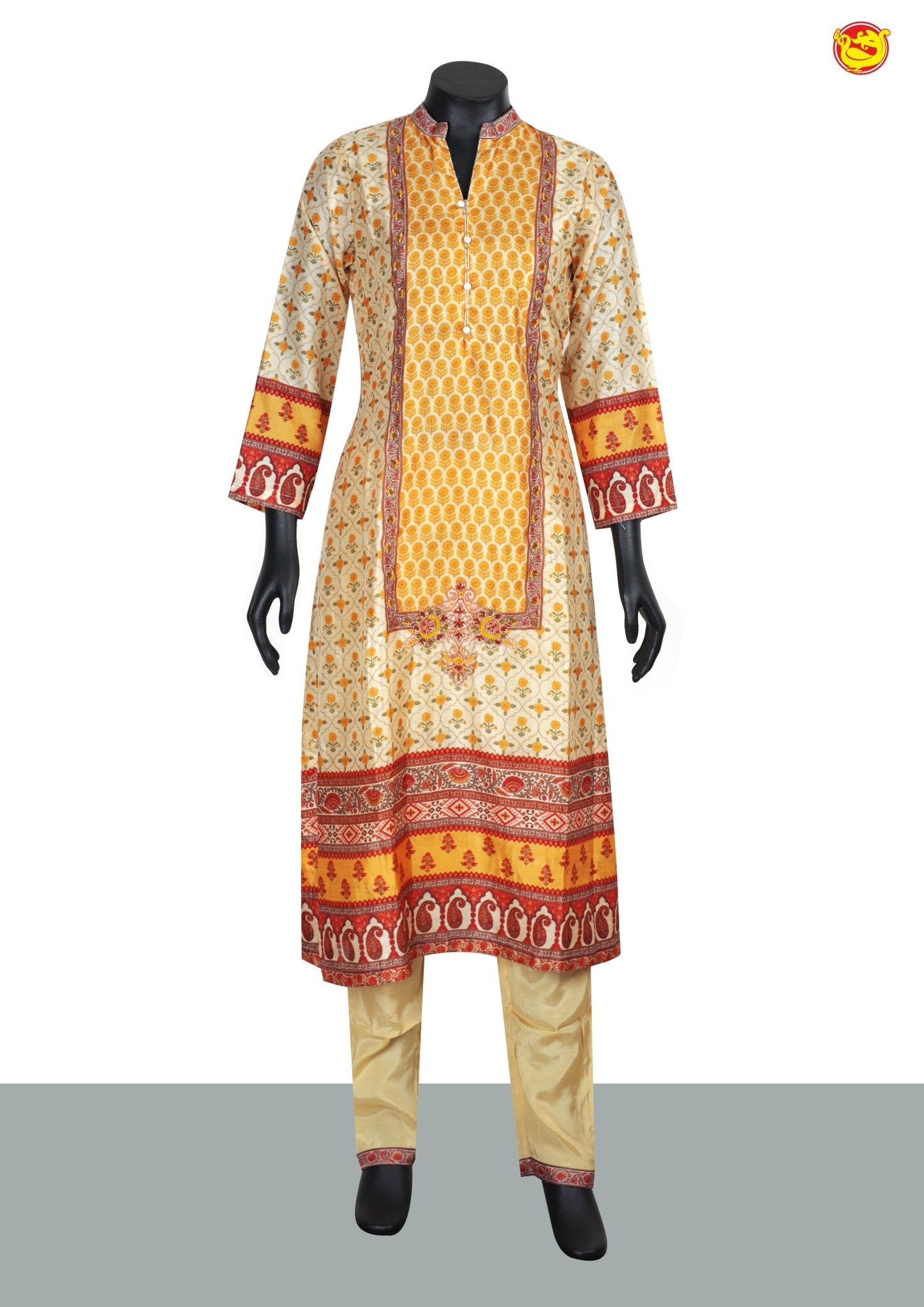 Half White and Mustard Yellow  Floral Digital Print With Handwork Design and Collar Neck Ladies Branded Readymade Straight Cut Chudi Set