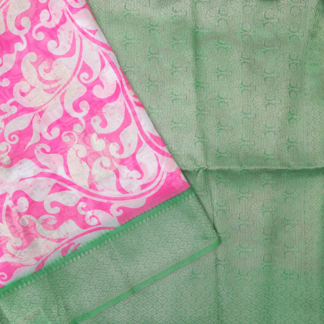 Pink with Light Green Paisley Design Pattern Semi Burberry Silk Saree