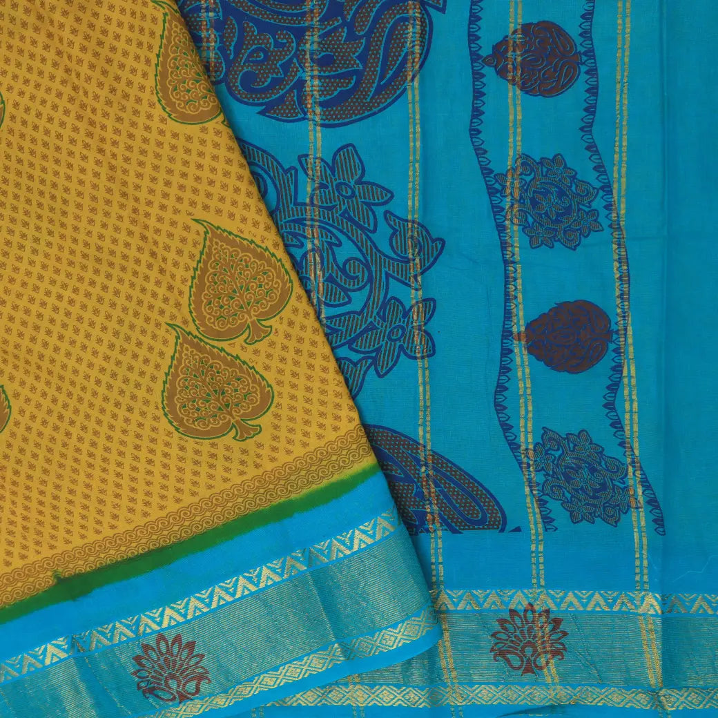 Yellow with Blue  Mul Mul Cotton Saree without Blouse