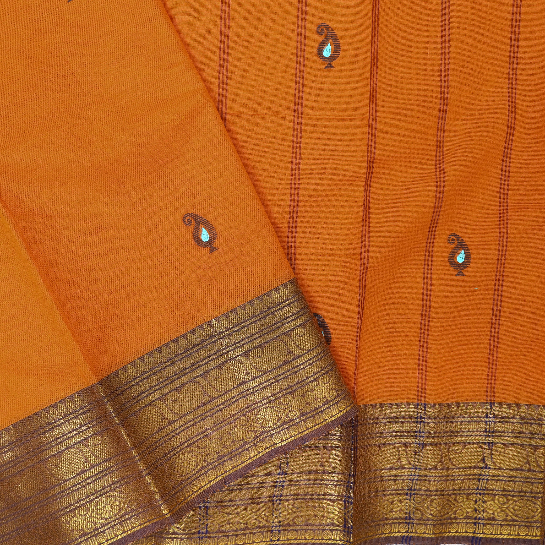 Orange With Blue Pure Cotton Saree without Blous