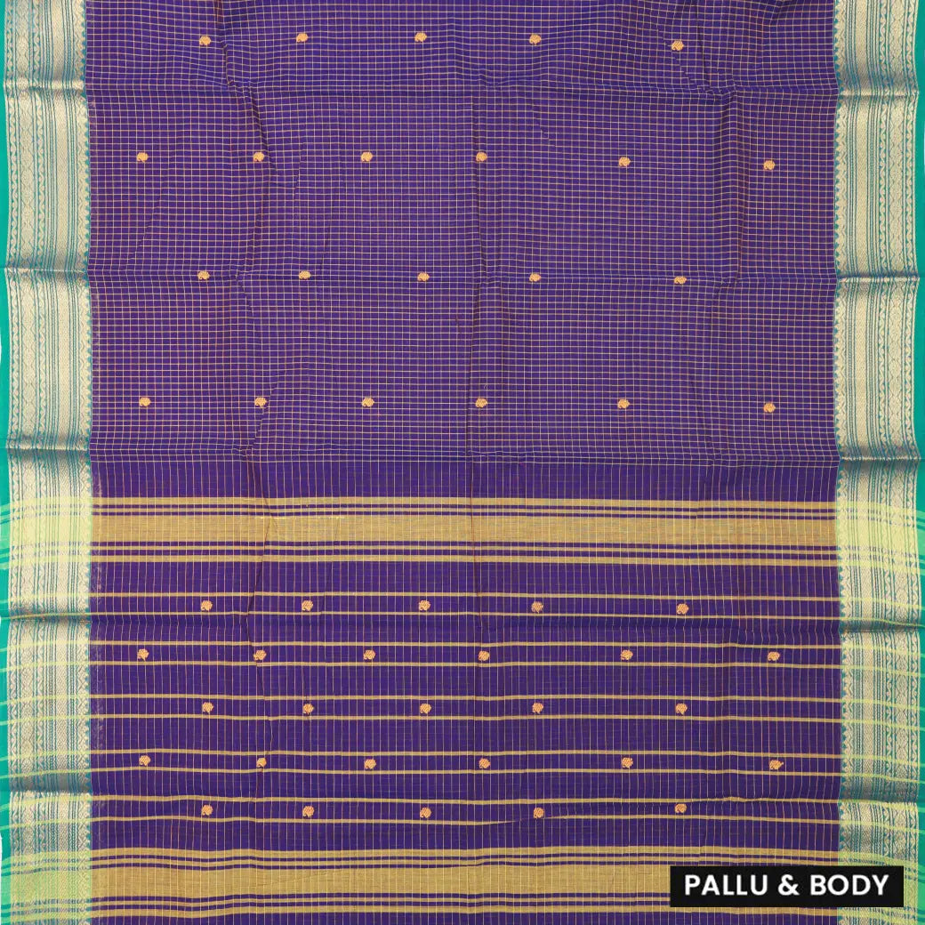Purple with Green Small Checked Pattern Pure Chettinad Cotton Saree without Blouse
