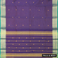 Purple with Green Small Checked Pattern Pure Chettinad Cotton Saree without Blouse
