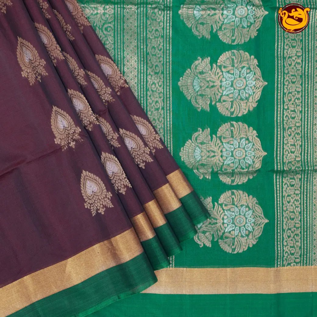 Deep Brown With Green Pure Silk Cotton Saree - Thenianantham