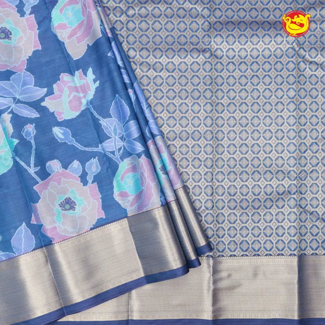 Dusty Blue Colour Digital Print Soft Silk Saree