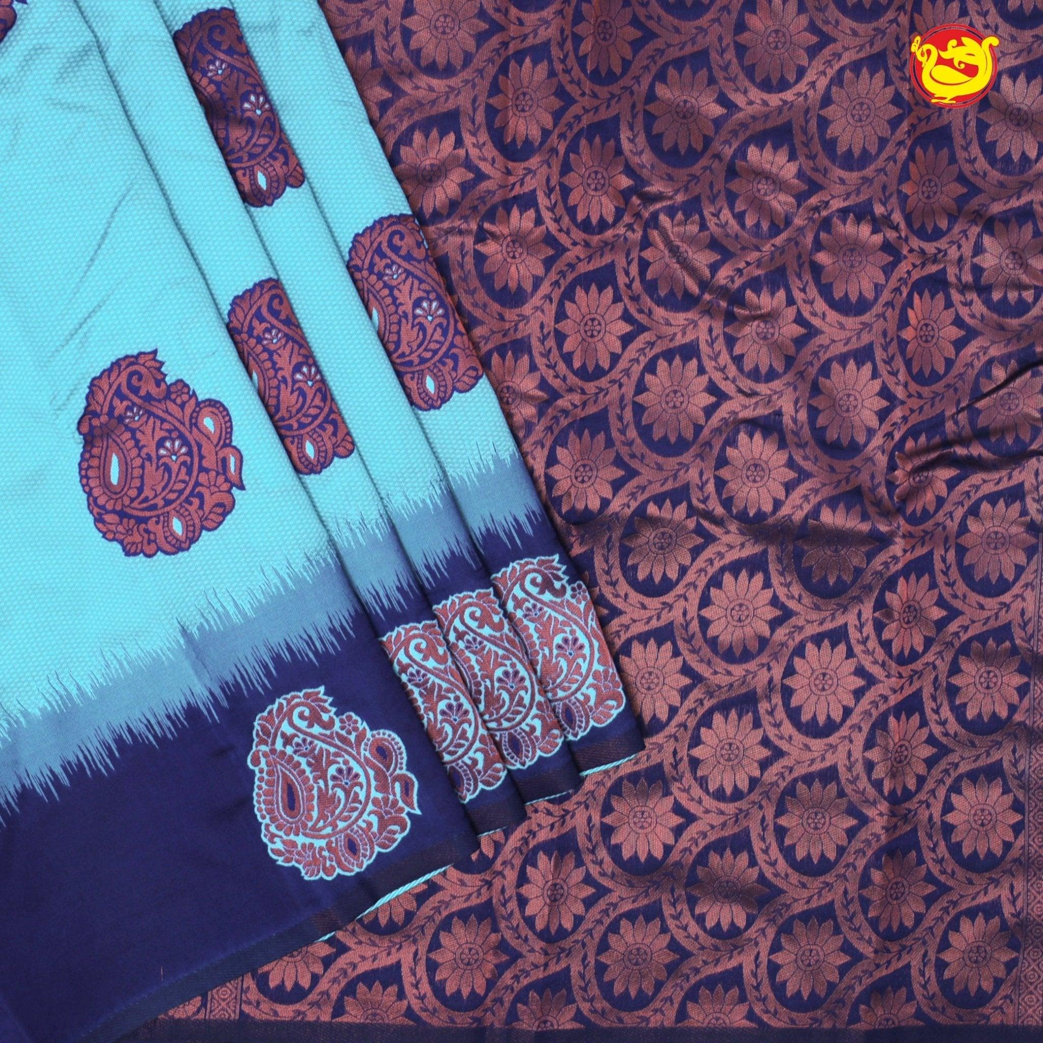 Sky Blue With Navy Blue Semi Silk Set Sarees