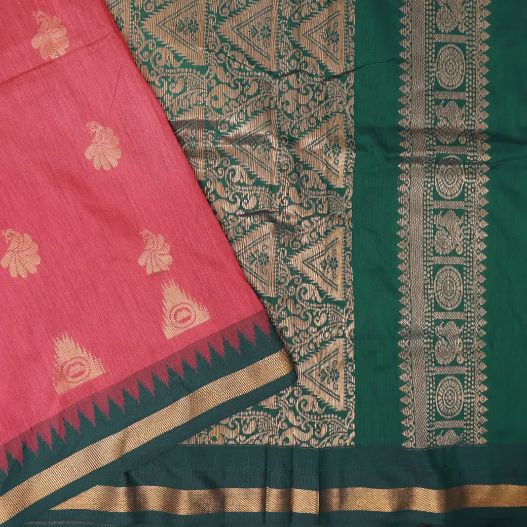 Pink  With Green Premium Quality Kalyani Cotton Saree