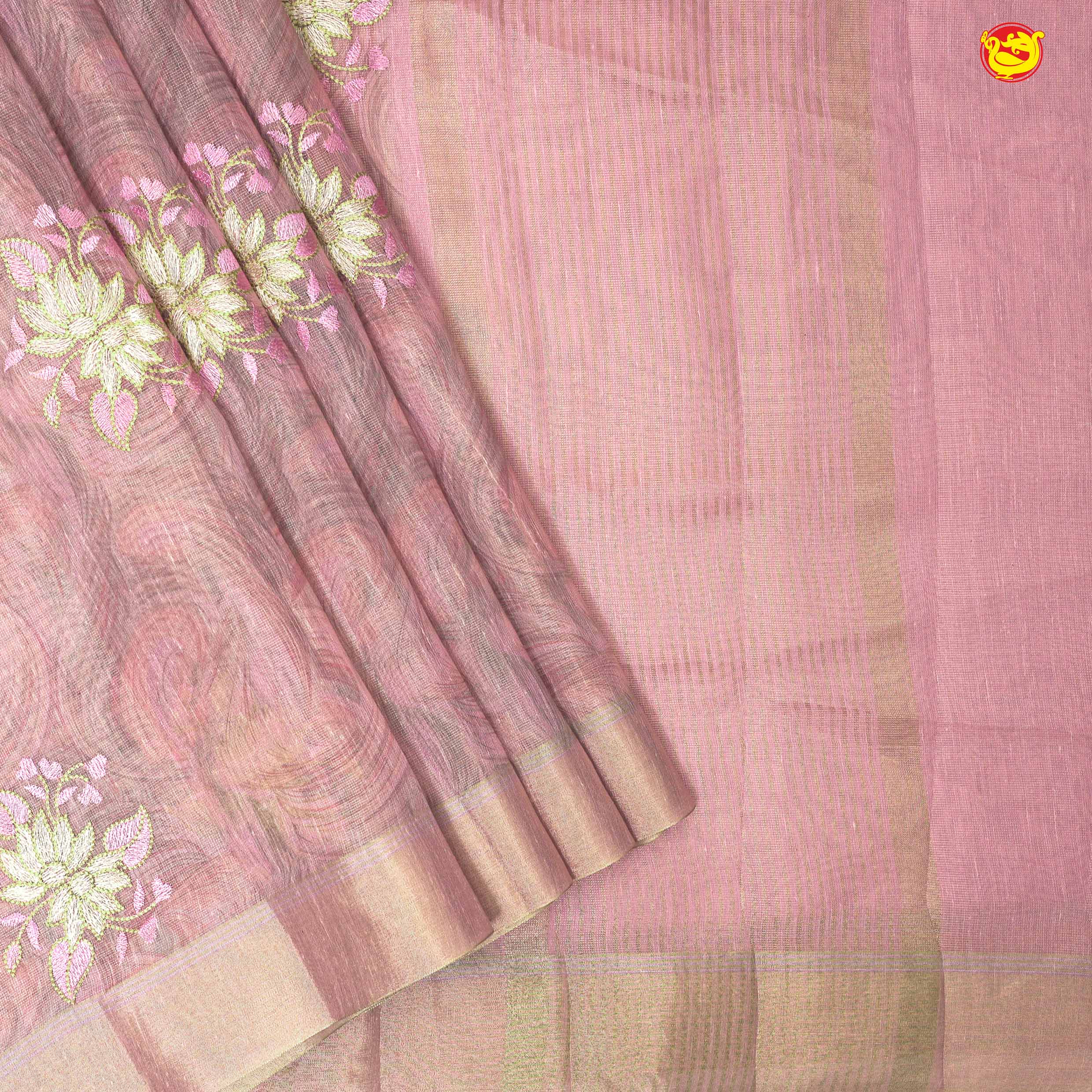 Pastel Pure Chanderi Silk Saree with Floral Embroidery Gold Zari Border