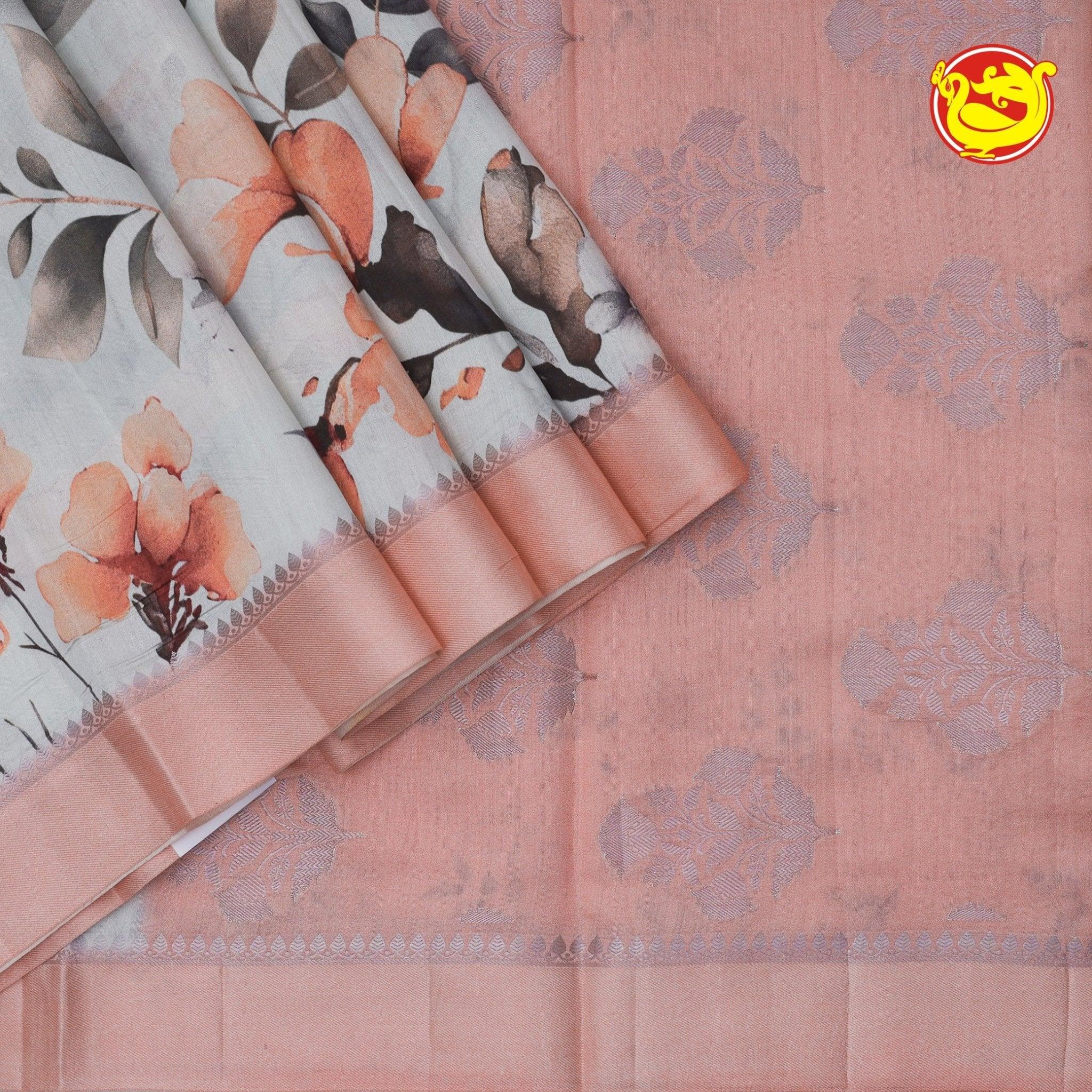 Dupion Half White Printed Saree With Floral Motifs,Zari Design Border & Intricate Pallu - Thenianantham