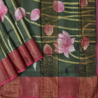 Pure Tussar Silk Saree Elaichi Green and Pastel Pink Shade With Floral Design and Painted Prints and Zari Woven Border