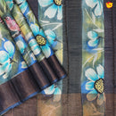 Pure Tussar Silk Saree Turquoise Blue and Sea Blue Shade With Floral Design and Painted Prints and Zari Woven Border - Thenianantham