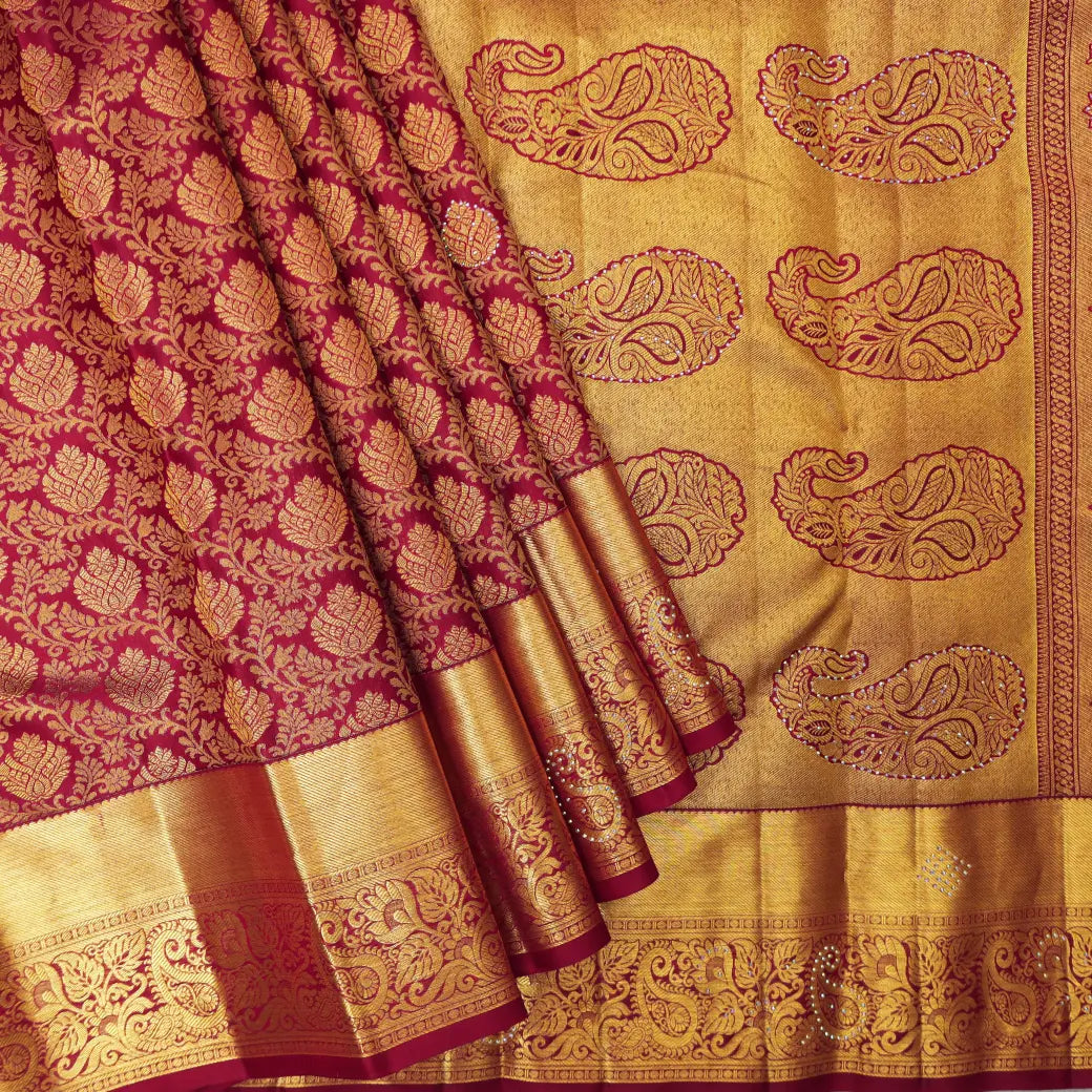 Maroon  with Gold Zari Border Wedding Silk Saree
