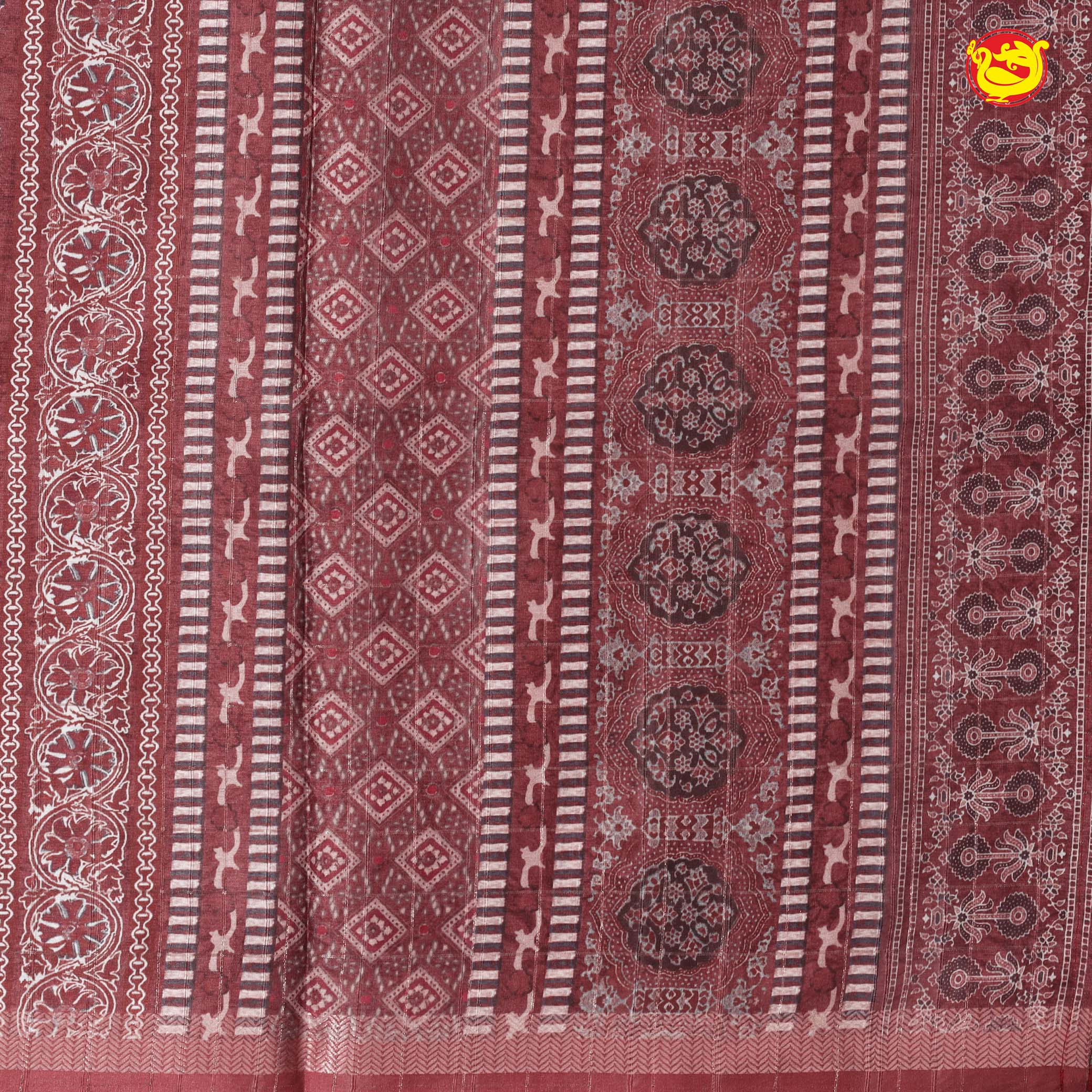 Brown Bandhani Print Zari Border Russian Silk Saree