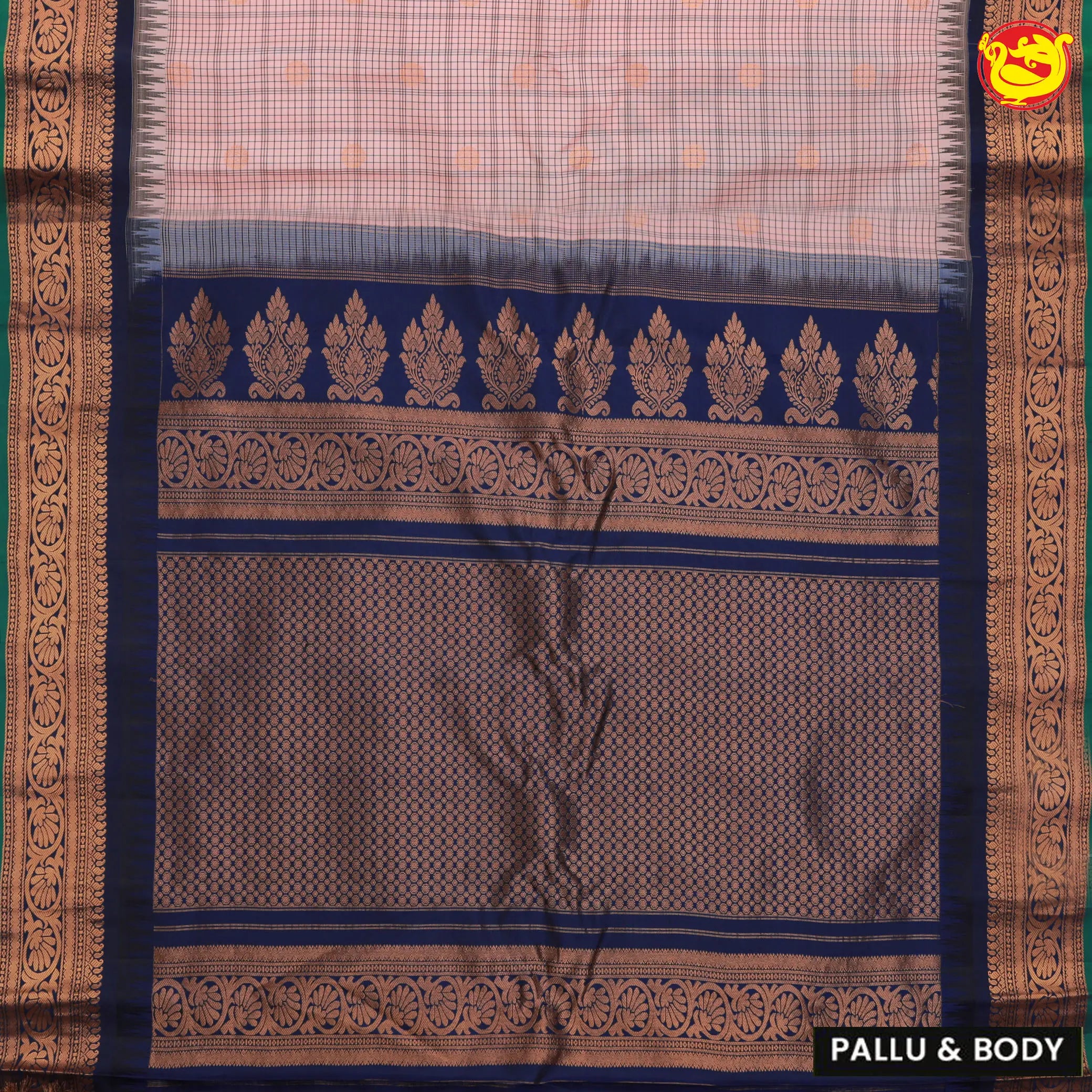 Peach with navy blue checked in Gadwal silk saree