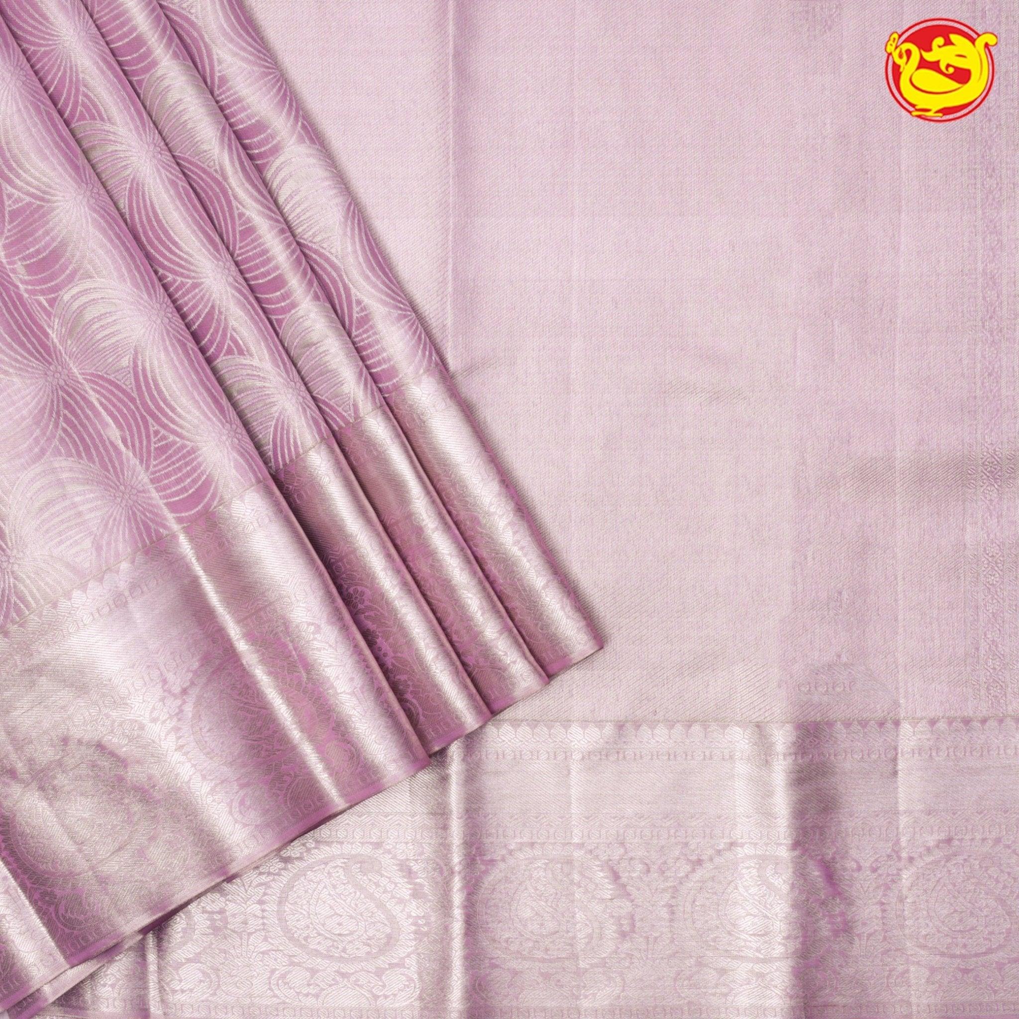 Light Onion Pink Floral Motifs Silver Zari Border Pure Kanjivaram Subhalaya Wedding Silk Saree - Thenianantham