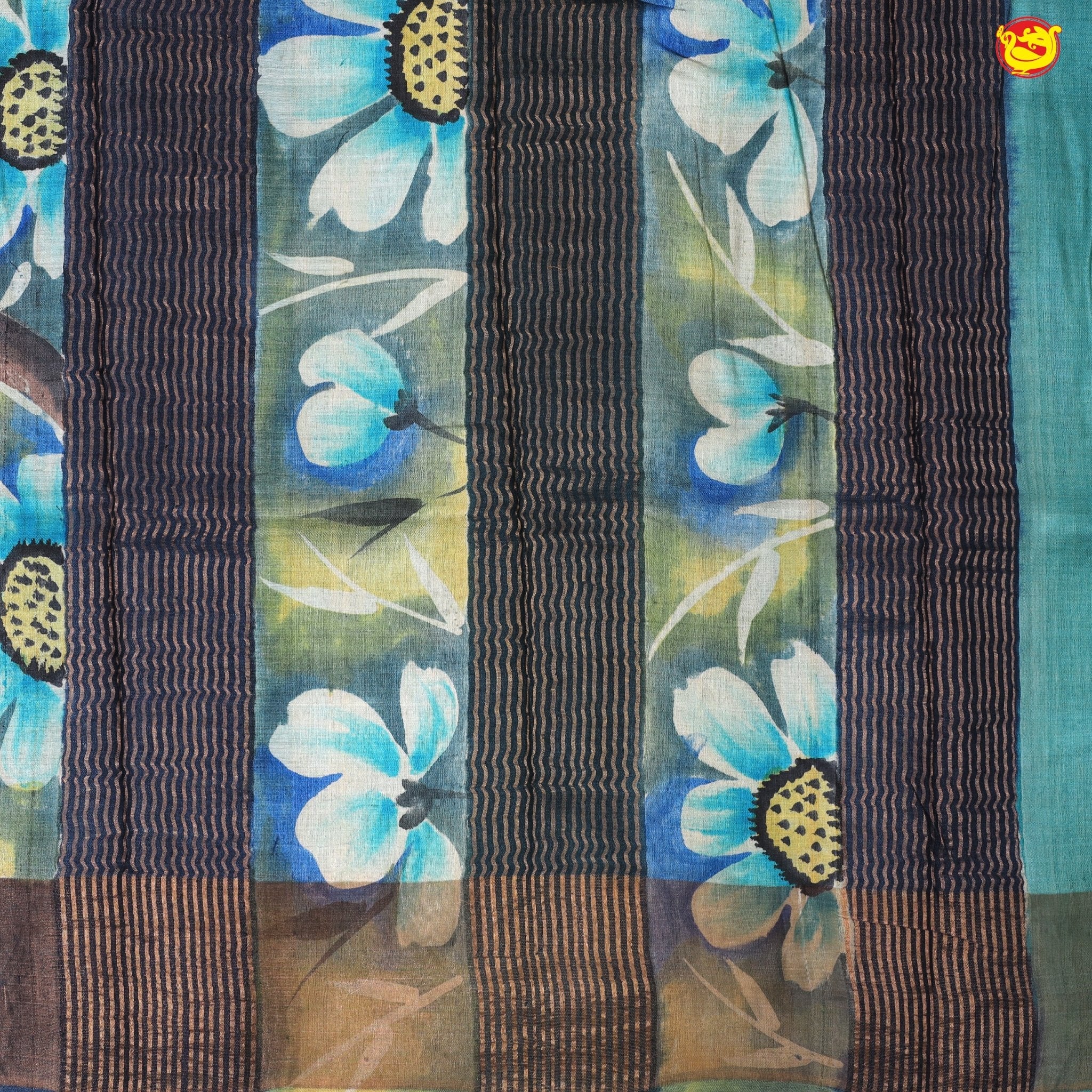 Pure Tussar Silk Saree Turquoise Blue and Sea Blue Shade With Floral Design and Painted Prints and Zari Woven Border - Thenianantham