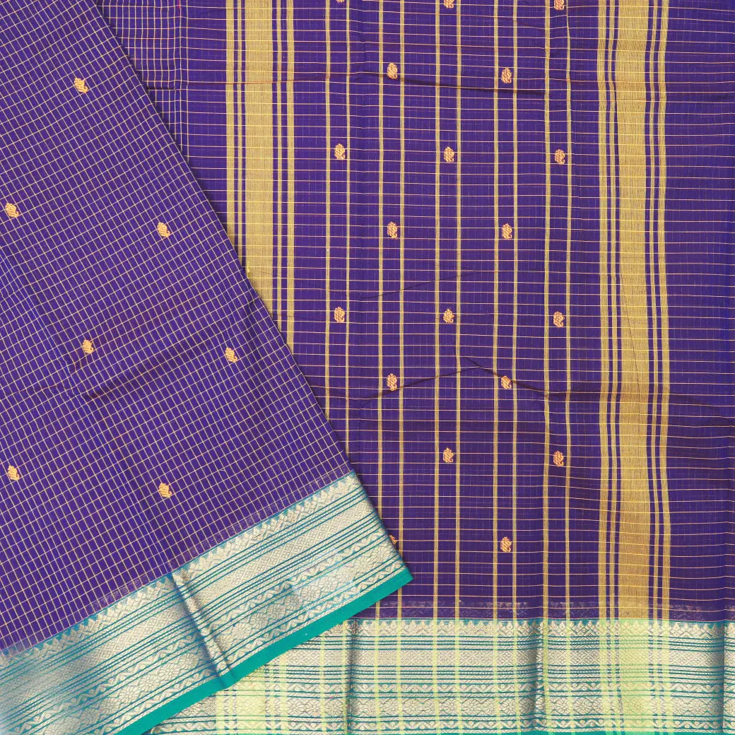 Purple with Green Small Checked Pattern Pure Chettinad Cotton Saree without Blouse