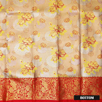 Peach Gold  With Red  Border Yellow Floral Design Traditional  Pattu Pavadai Material