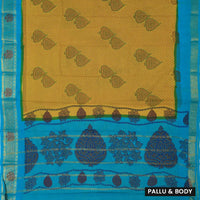 Yellow with Blue  Mul Mul Cotton Saree without Blouse