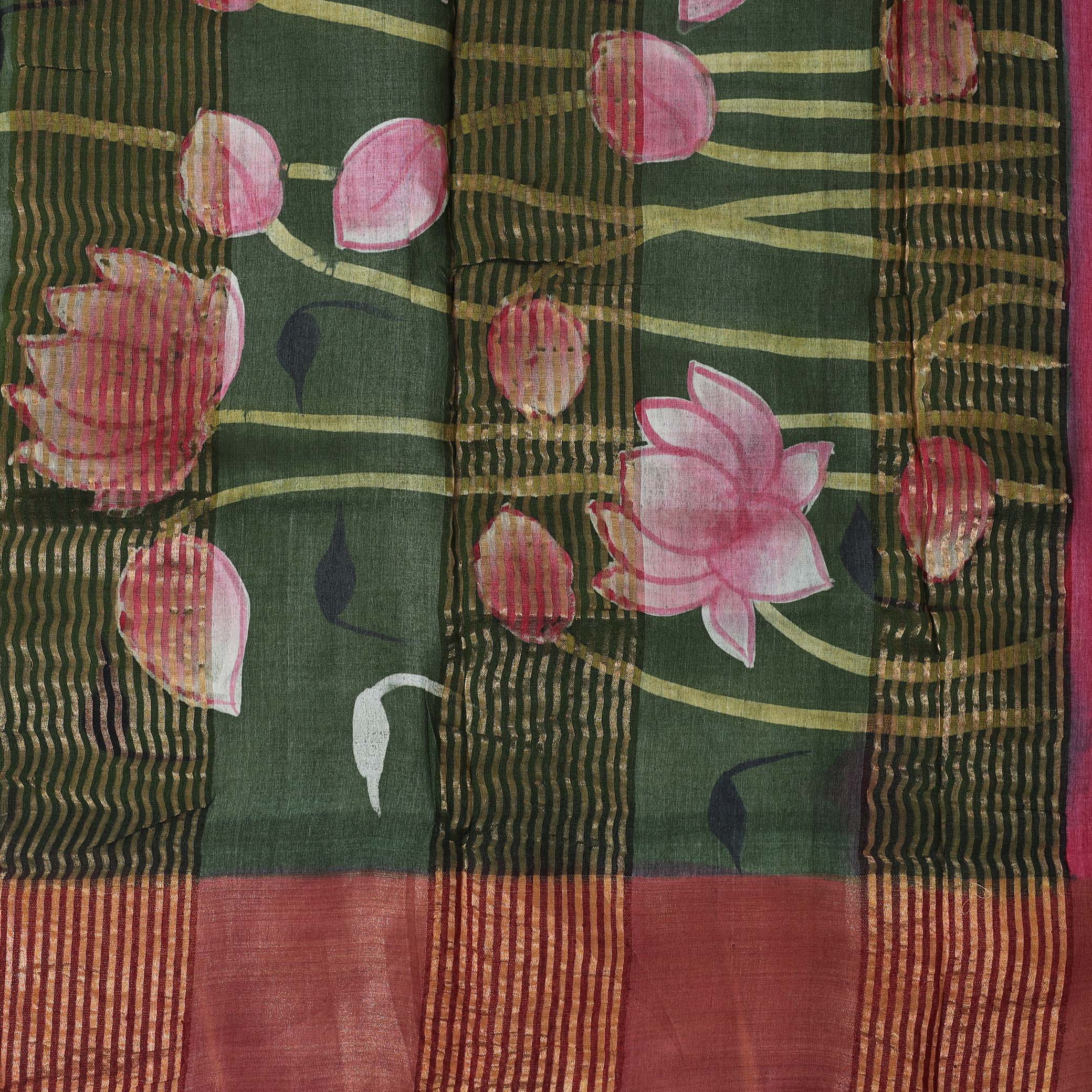 Pure Tussar Silk Saree Elaichi Green and Pastel Pink Shade With Floral Design and Painted Prints and Zari Woven Border