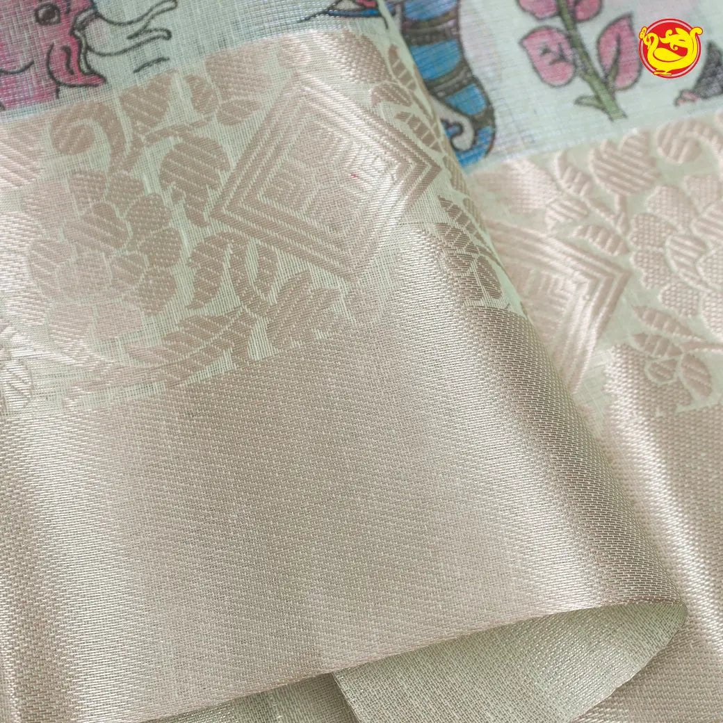 Pastel green linen tissue saree with digital prints - Thenianantham