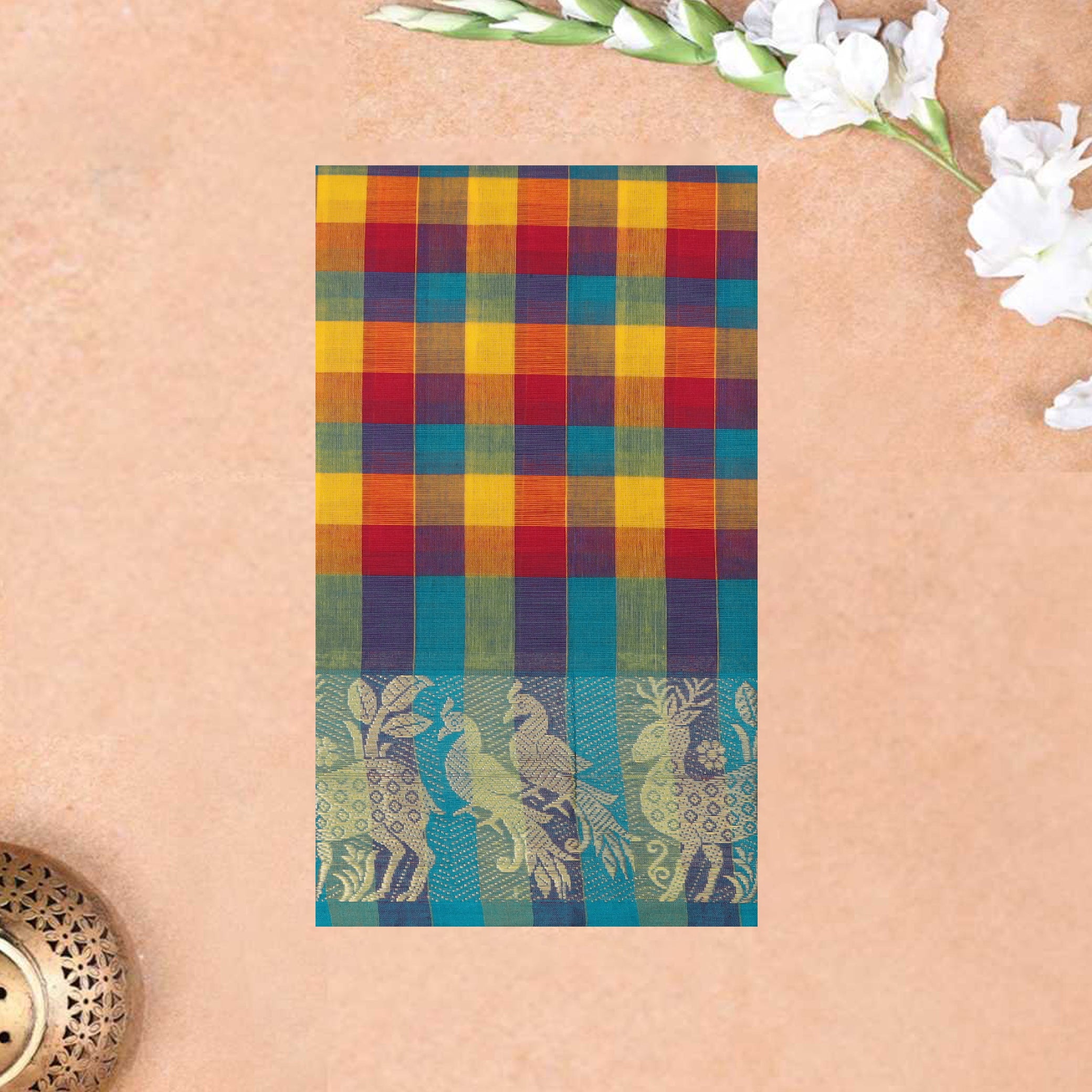 Multi Colour Small Checked Pattern Pure Chettinad Cotton Saree without Blous