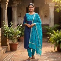 Navy Blue With Cyan Cotton Ladies Chudithar Material