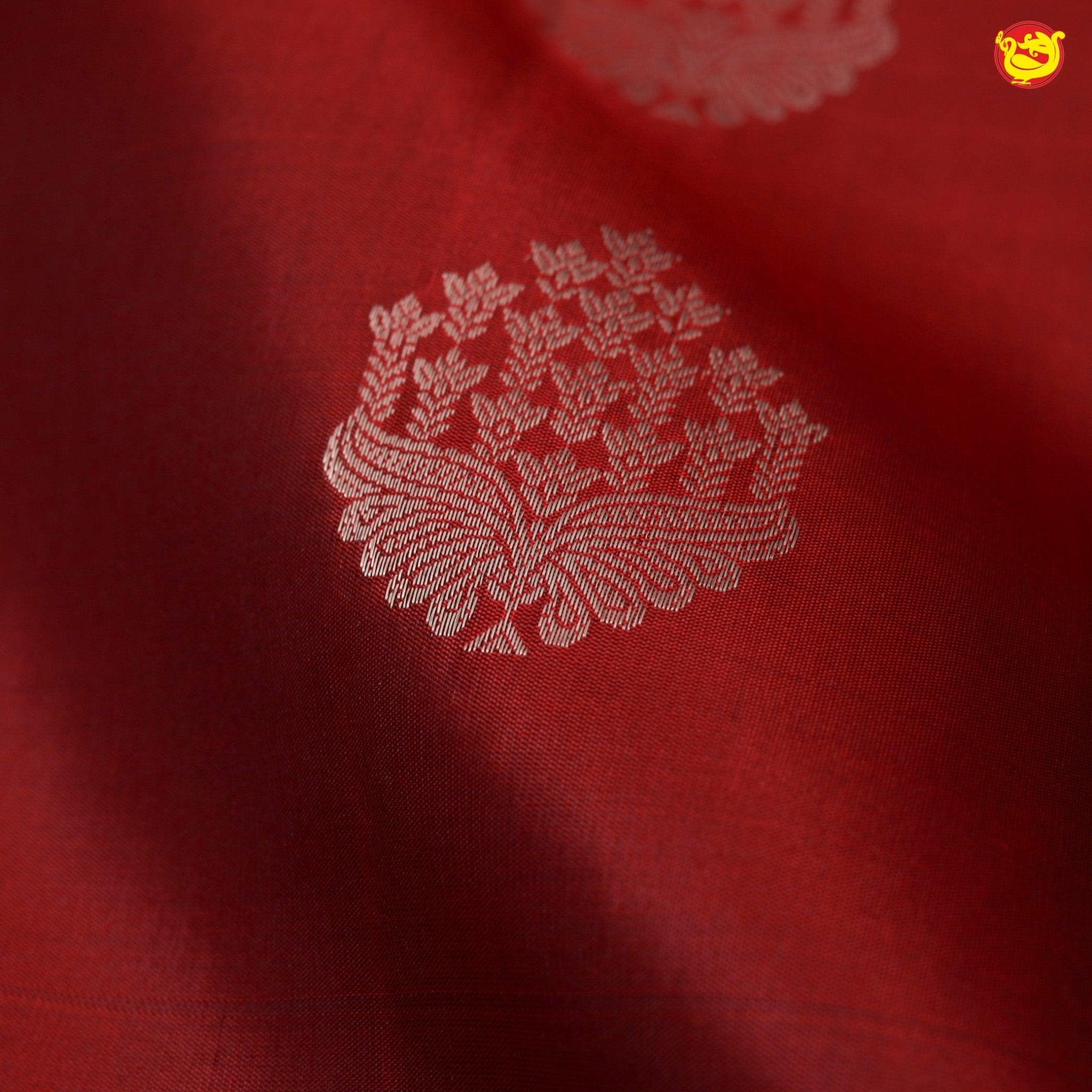 Red With Peacock Green Floral Motifs Copper Zari Long Border Pure Kanjivaram Subhalaya Soft Silk Saree - Thenianantham