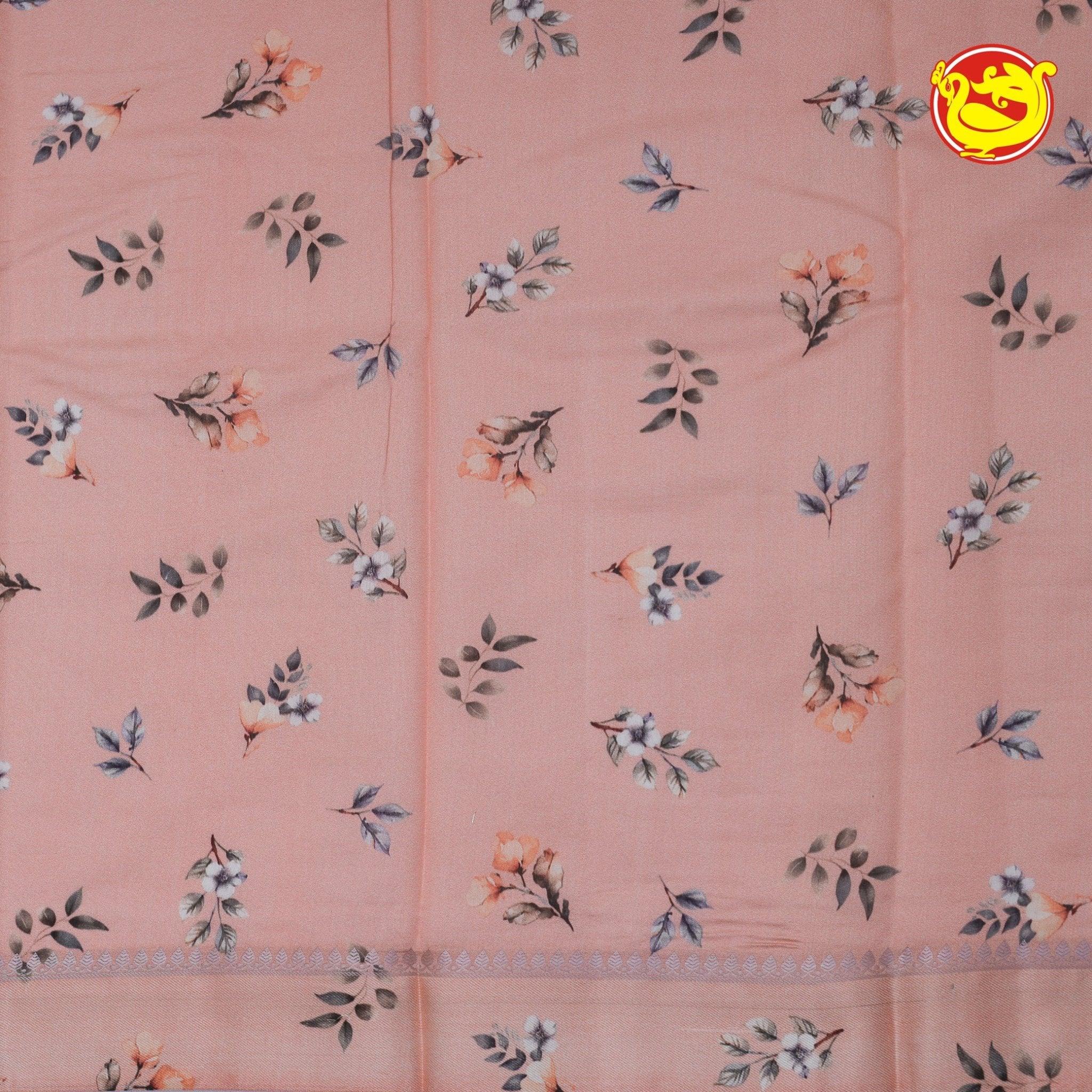 Dupion Half White Printed Saree With Floral Motifs,Zari Design Border & Intricate Pallu - Thenianantham