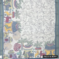 Off white with greyblue  priented floral design Semi Chanderi  Saree