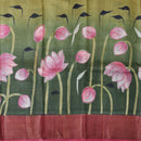 Pure Tussar Silk Saree Elaichi Green and Pastel Pink Shade With Floral Design and Painted Prints and Zari Woven Border