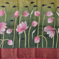 Pure Tussar Silk Saree Elaichi Green and Pastel Pink Shade With Floral Design and Painted Prints and Zari Woven Border