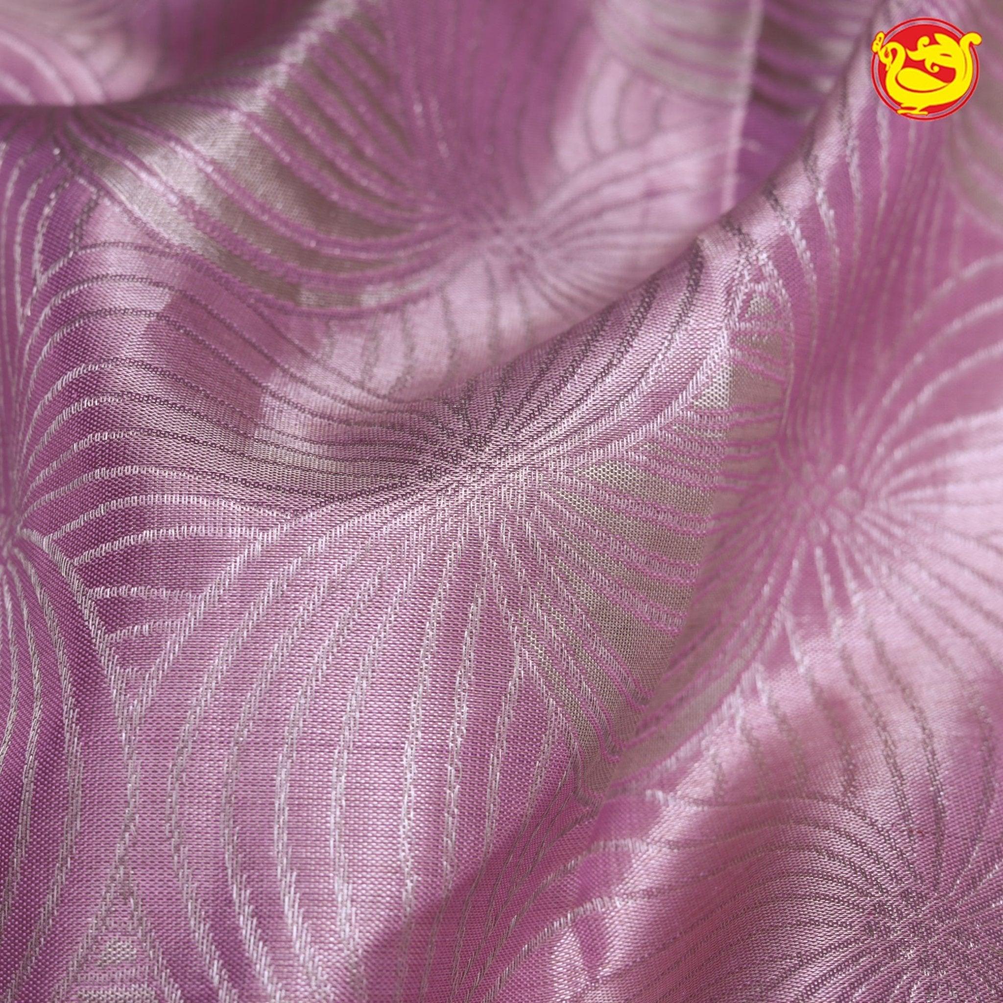 Light Onion Pink Floral Motifs Silver Zari Border Pure Kanjivaram Subhalaya Wedding Silk Saree - Thenianantham