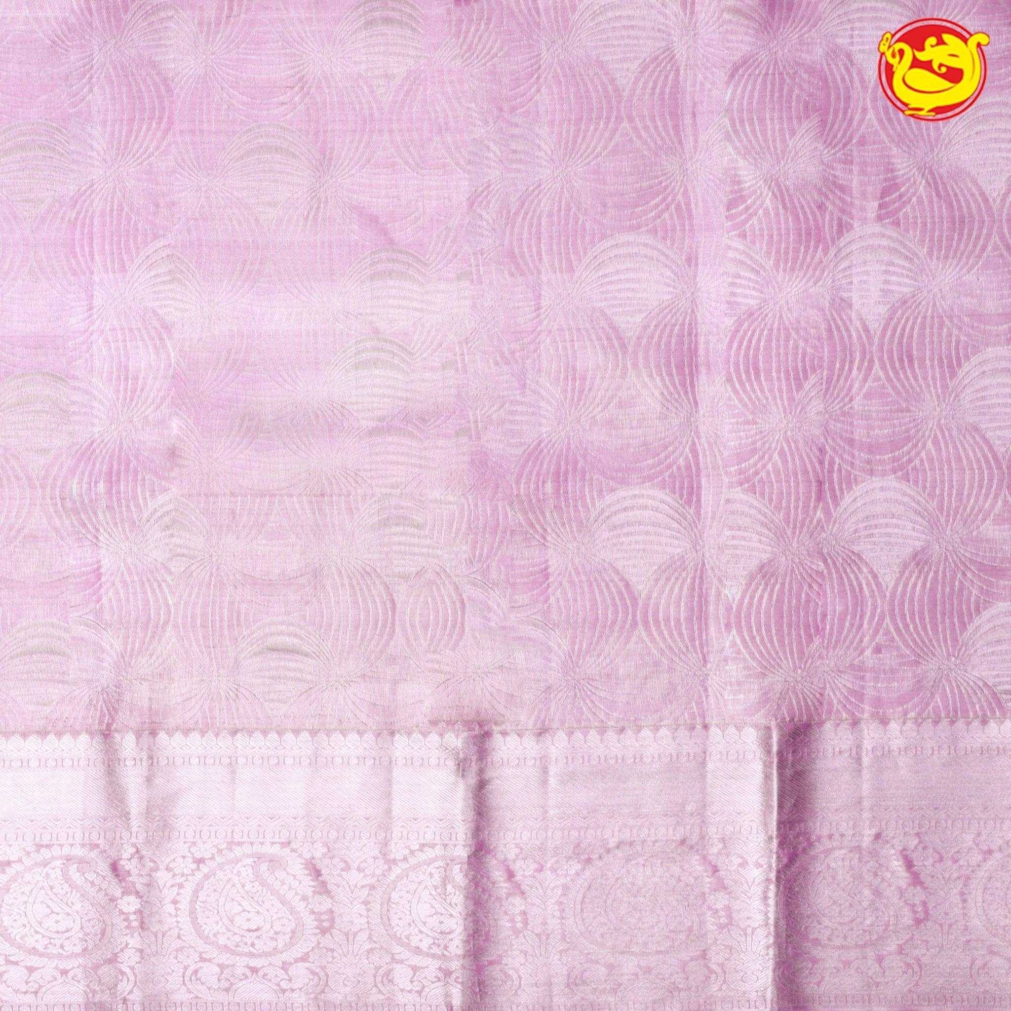 Light Onion Pink Floral Motifs Silver Zari Border Pure Kanjivaram Subhalaya Wedding Silk Saree - Thenianantham