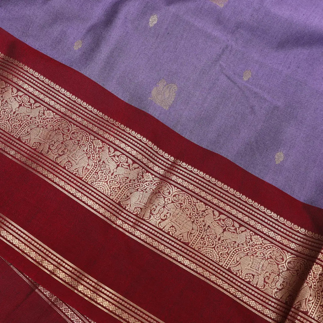 Light Purple With Maroon Copper Zari Border Soft Silk Saree