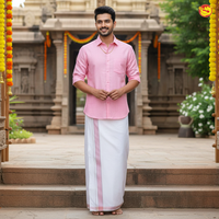 Light Pink Colour Readymade Shirt And Matching Border Dhoti Set for Men