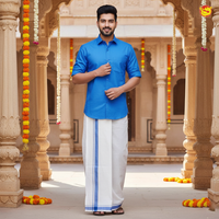Royal Blue Colour Readymade Shirt And Matching Border Dhoti Set for Men