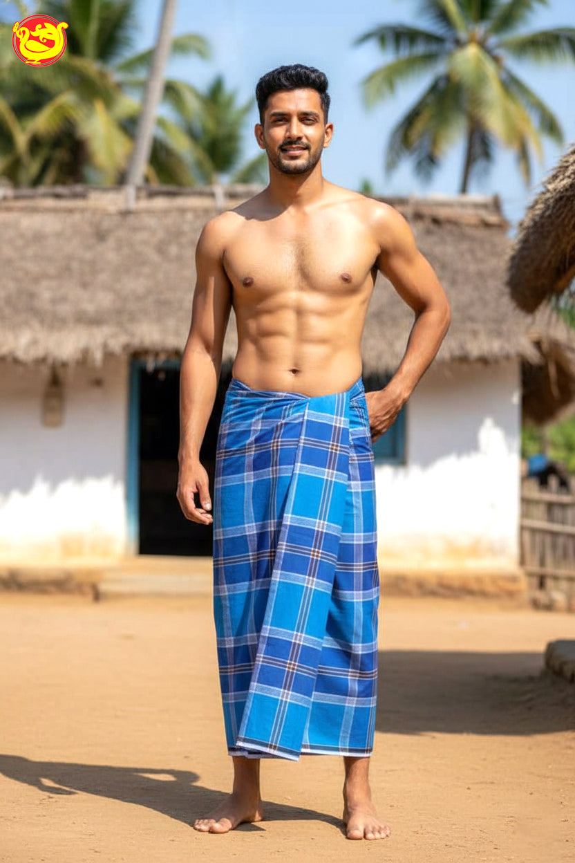 Men’s  Grey  with Brown Checked Cotton Stitched Lungi