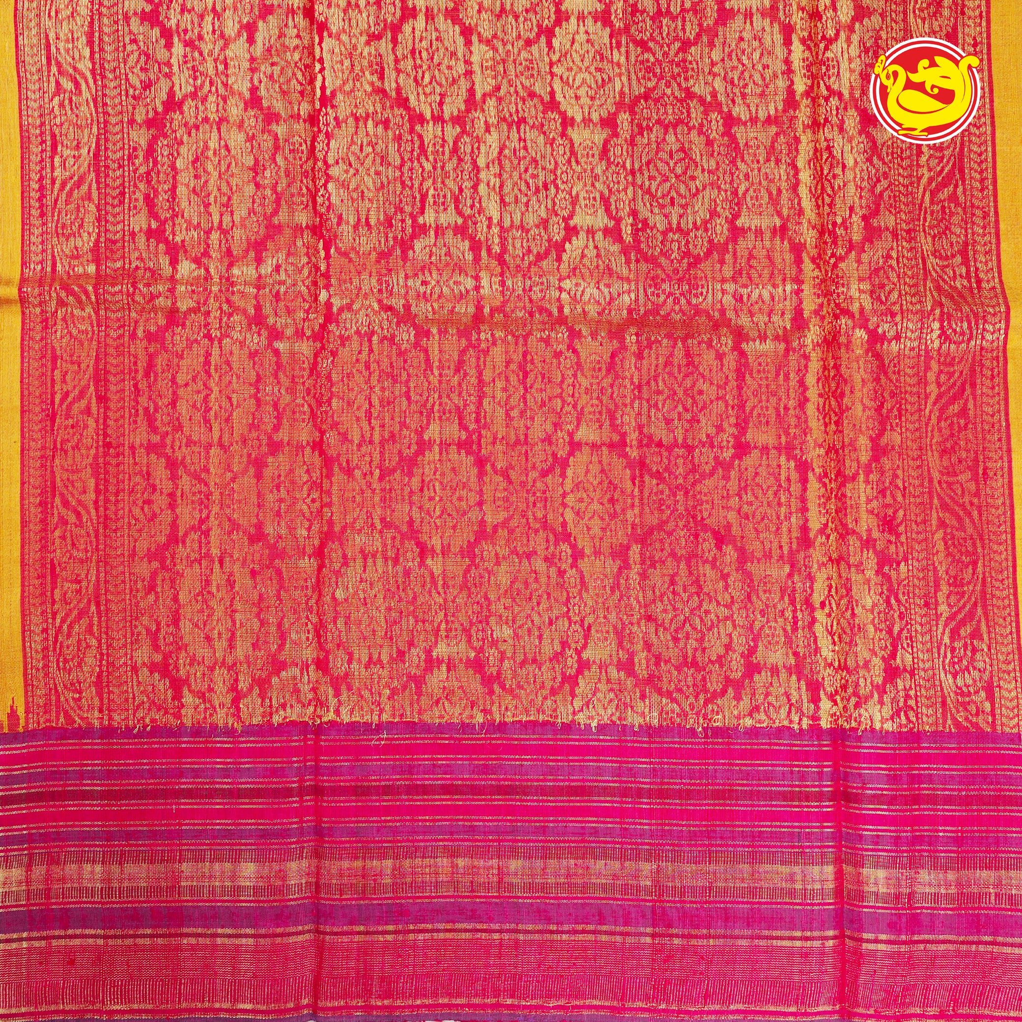 Yellow with pink pure dupion silk saree